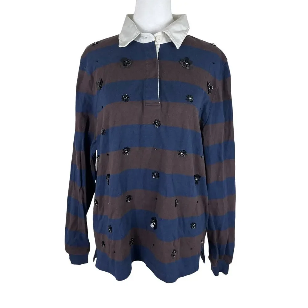 J. Crew Premium Weight Classic Embellished Stripe Preppy Rugby Shirt Size Medium